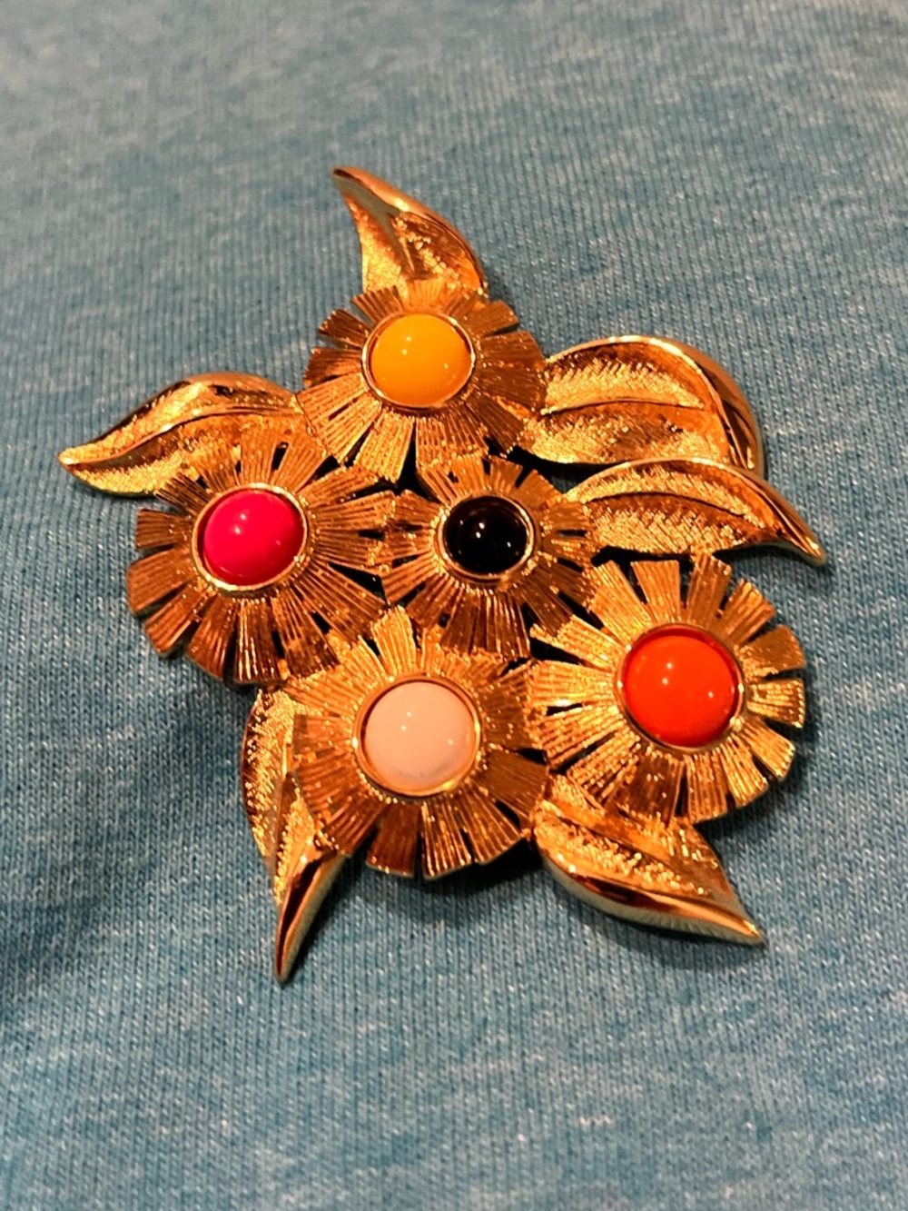 Monet Gold Floral Brooch with Pink, Yellow, Black, Orange and White Cabochons